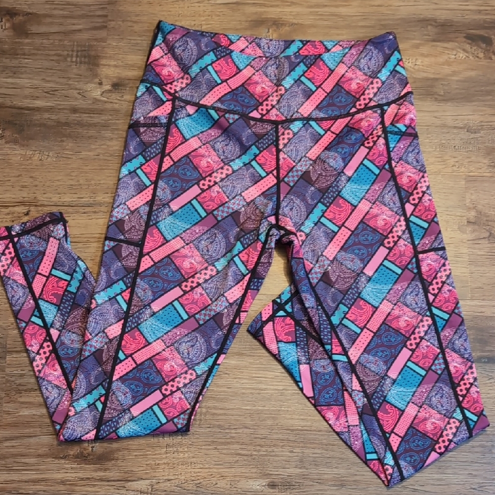 Constantly Varied Gear CVG Pink & Blue Quilt Pattern Leggings - Medium